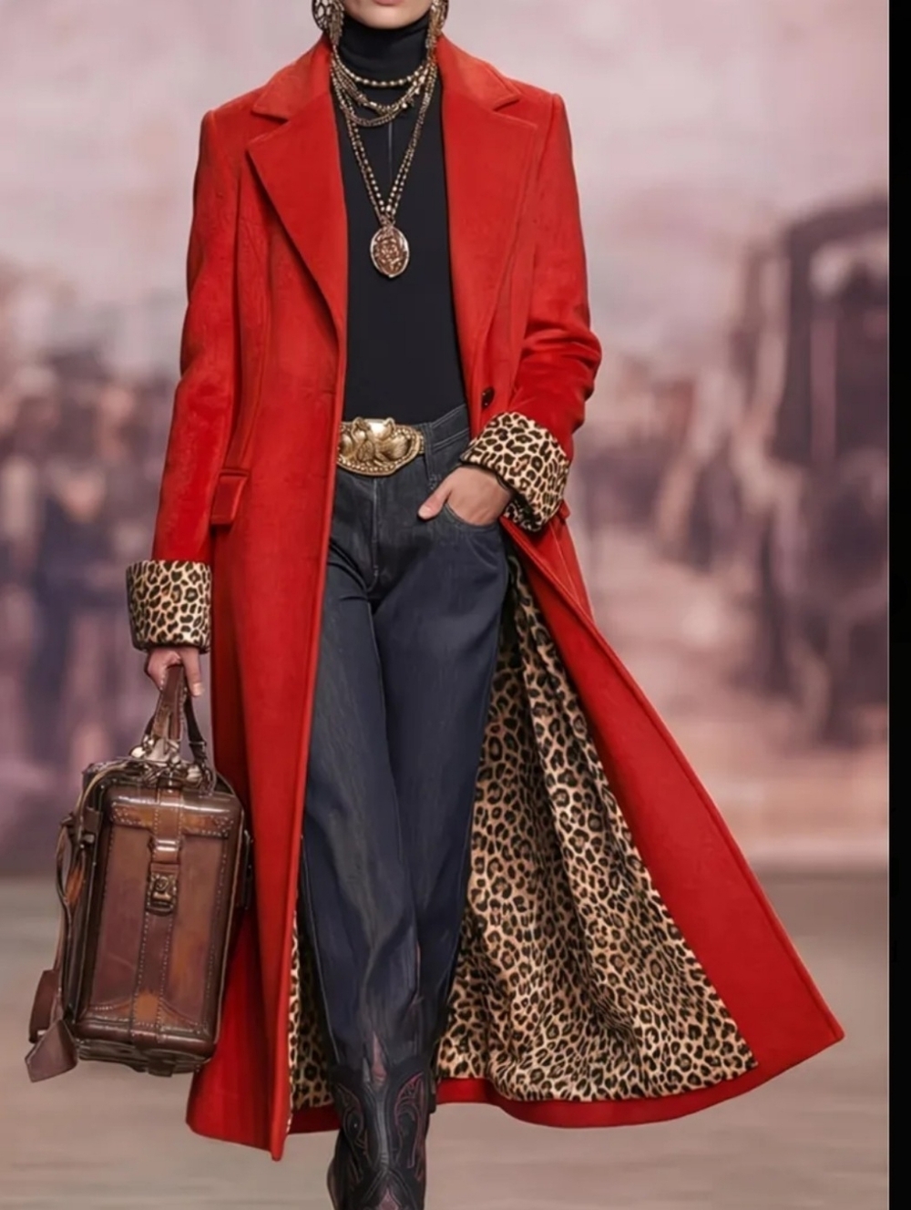 Red Trench Coat with Leopard Lining - Women's Coat